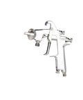 Professional Manual Pneumatic Paint Sprayer With Hella Adjustable Wide Fan Pattern For Smooth Auto Touch Ups And Precision Painting Tasks Lightweight Ergonomic Design For All Day Use side view of paint sprayer with chrome finish