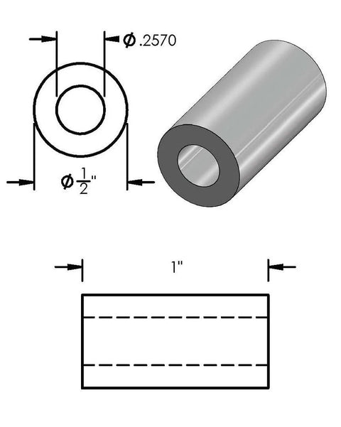 Aluminum spacer 1/2 in OD x 1/4 in ID, 1 in length, unthreaded bore, plain finish