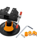 Universal Mini Drill Press Vise With Suction Cup Base 360 Degree Rotation Aluminum Alloy with parts and tool visible