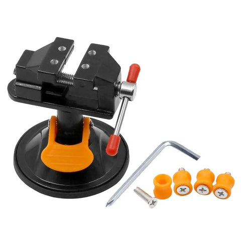 Universal Mini Drill Press Vise With Suction Cup Base 360 Degree Rotation Aluminum Alloy with parts and tool visible