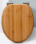 Heavy Duty Solid Wood Elongated Toilet Seat With Smooth Soft Close Lid Quick Release Hardware And Nonslamming Design top view with bamboo finish.