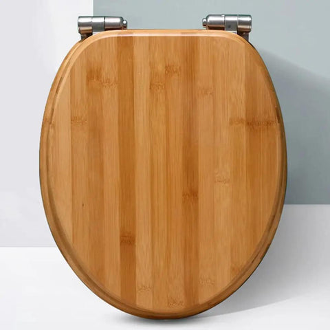 Heavy Duty Solid Wood Elongated Toilet Seat With Smooth Soft Close Lid Quick Release Hardware And Nonslamming Design top view with bamboo finish.
