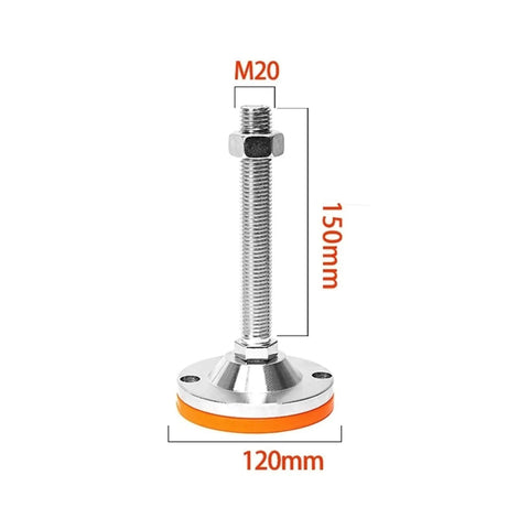 Set Of 6 Heavy Duty Adjustable Leveling Feet Built To Shut Down Floor Wobble On Furniture And Workbenches Rock Solid Non Slip Carbon Steel Screw Bases Keep Everything Locked Tight, showcasing metal foot with dimensions.