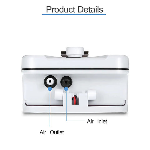 Back view of Solar Powered Pond Aerator Pump Kit with dual charging options, showing air outlet and inlet details.