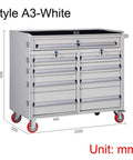 Garage Ready Steel Tool Cabinet With Smooth Roll Casters And Secure Latch System, dimensions shown, crisp white finish.