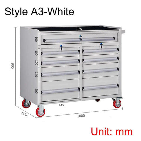 Garage Ready Steel Tool Cabinet With Smooth Roll Casters And Secure Latch System, dimensions shown, crisp white finish.