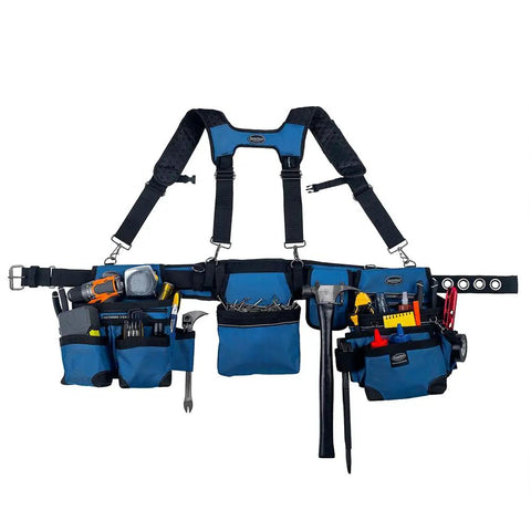 Three Bag Tool Bag Set With Suspenders In Royal Blue Heavy Duty 1680D Poly LoadBear Stretch Suspension For Comfort Belt Fits Up To 52 In Waist