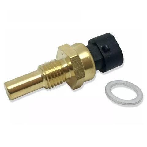 Engine coolant temperature sensor with brass threaded body, black plastic connector, and metal washer