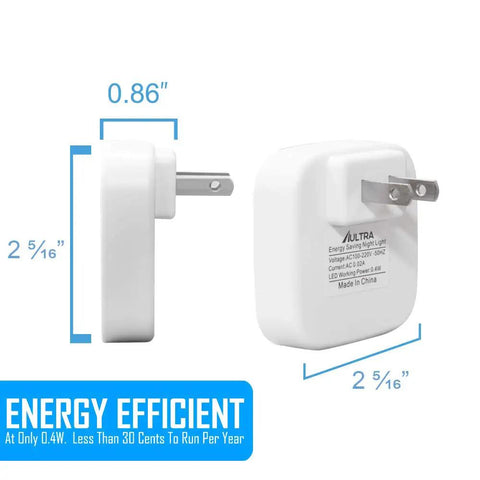 No Fuss Wall Plug In LED Night Light With Dusk To Dawn Sensor Auto On Off showing dimensions and energy efficiency