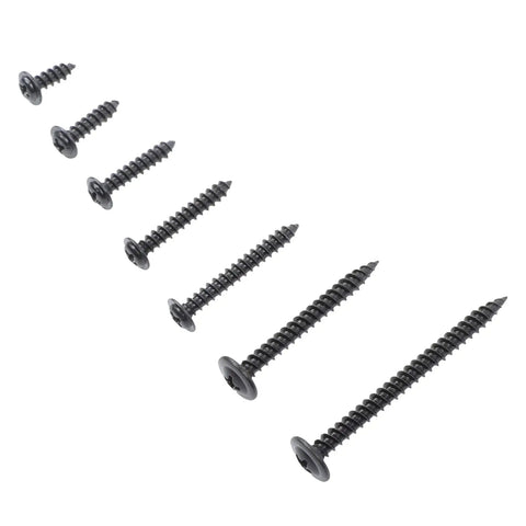 Black Wood Screw Kit, 485-Piece Assortment With Pan Head, Truss Head, And Flat Head Screws, 20 Size Options For Wood And Plastic, DIY Ready High-Precision Threads For A Strong, Long-Lasting Hold., black zinc-plated screws shown in multiple lengths