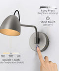 Swing Arm Wall Sconce With Touch Control Dimmable 10 To 100 Percent And 3 Color Temperatures 3000K 4500K 6000K Aluminum Brushed Nickel LED Reading Wall Lamp Hard Wired For Living Room And Bedroom with hand touching control button.