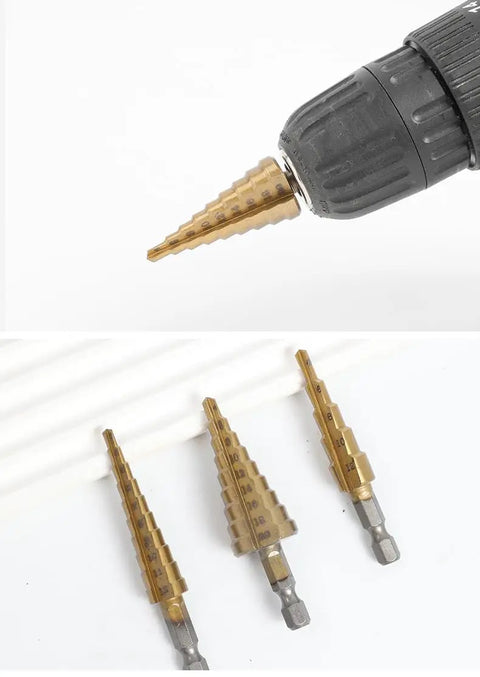 Go To Heavy Duty Titanium Coated HSS Step Drill Bit Set For Metal Wood Plastic With Hex Shank Unibit Kit Multi Size Cone Drills