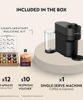 Vertuo Pop Plus Coffee And Espresso Machine With Five Cup Sizes 5 8 12 Oz Plus Single And Double Espressos Hot Or Iced In A Compact Liquorice Black Design with accessories.