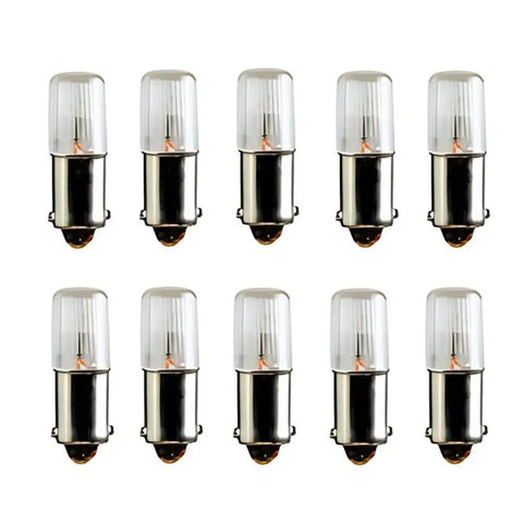 Ten Pack Neon Indicator Light Bulbs 0.25W NE51H B2A T3.25 BA9s Amber 105-125V for panels and industrial equipment.