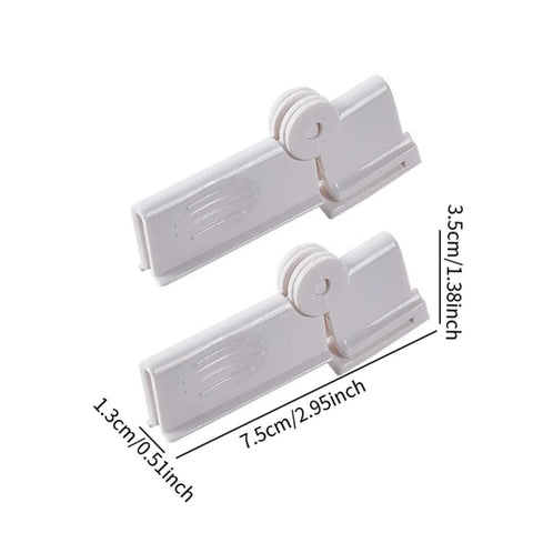 Jisader Two Pack Milk Carton Sealing Clips With Rotating Design For Boxed Drinks And Food Bags. Durable white plastic clips with measurements.