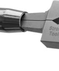 Close-up of PM12 Deluxe MIG Welding Pliers gripping metal, showcasing fine and coarse file teeth, tool for welders 8 Inch