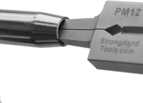 Close-up of PM12 Deluxe MIG Welding Pliers gripping metal, showcasing fine and coarse file teeth, tool for welders 8 Inch