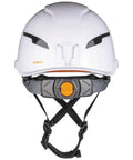 Front view of Type 2 Safety Helmet With Rechargeable Headlamp, White Non Vented ANSI Class E Hard Hat, adjustable strap visible