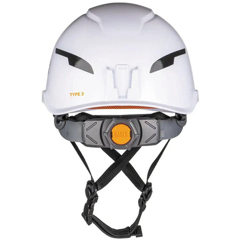 Front view of Type 2 Safety Helmet With Rechargeable Headlamp, White Non Vented ANSI Class E Hard Hat, adjustable strap visible