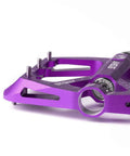 Close-up of Grippy Aluminum Flat Pedals With Ultra Traction Pins And Sealed Bearings, Lightweight Platform Pedals, Purple A001, 100mm wide