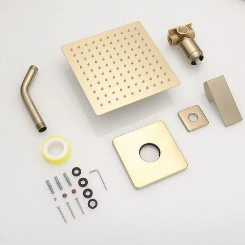 Brushed Gold Shower System With 8 Inch Rainfall Shower Head Single Handle Trim Kit And Rough In Valve For A Boss Level High Pressure Spa Vibe