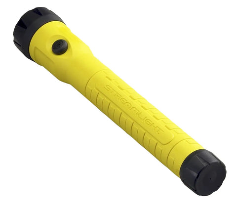 Side view of PolyStinger LED HAZ-LO Intrinsically Safe Rechargeable Flashlight Beast Bright Yellow showing grip and button design.