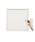 Badass Thick Steel Access Panel With Slick Screwdriver Latch Lock And No Sweat Drywall Install Mounting Brackets For Home Repairs And Tight Wall Openings In White Heavy Duty Construction showing a close-up of the locking mechanism.