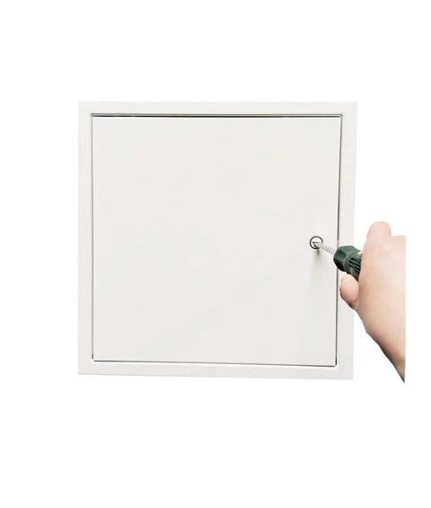 Badass Thick Steel Access Panel With Slick Screwdriver Latch Lock And No Sweat Drywall Install Mounting Brackets For Home Repairs And Tight Wall Openings In White Heavy Duty Construction showing a close-up of the locking mechanism.