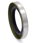 Trailer axle hub grease seal with double lip, black inner ring and silver outer ring, angled view