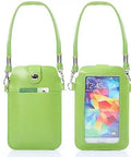 Green leather smartphone crossbody wallet with card slots and clear touchscreen front