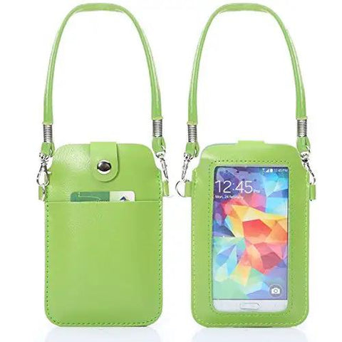 Green leather smartphone crossbody wallet with card slots and clear touchscreen front