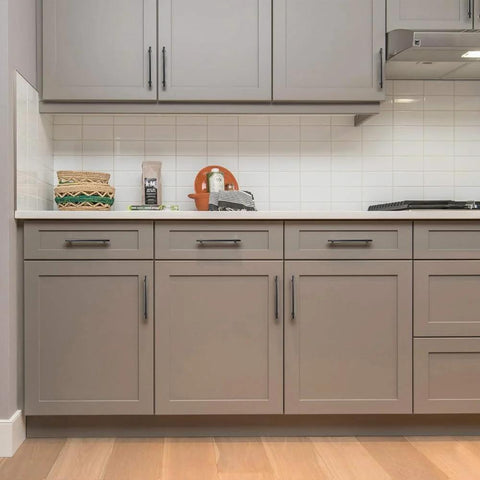 4 Inch Matte Black Cabinet Pulls Pack Of 2 Heavy Duty Solid Hardware on grey kitchen cabinets and drawers