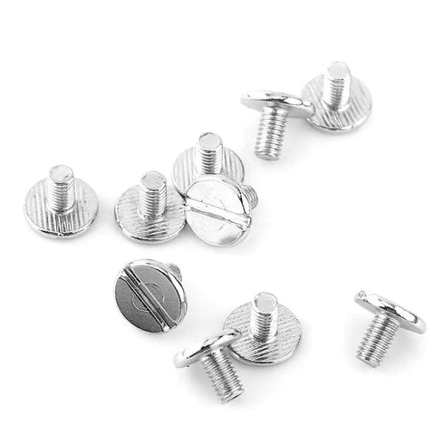 Top Shelf Solid Brass Screw Back Rivet Studs 10 Piece Set Round Head Threaded Ring Spikes For Heavy Duty Leathercraft DIY Fasteners with shiny silver finish.