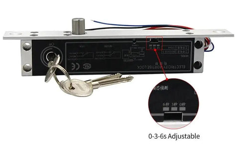 Badass Heavy Duty 12V Dc Electric Magnetic Deadbolt Lock With Time Delay Fail Secure Mortise Drop Bolt showing adjustment settings and keyhole.