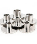 Tough As Nails Router Bit Trim Guide Sleeve With Six Interchangeable Stainless Steel Bushings arranged in a group, showcasing precision design.