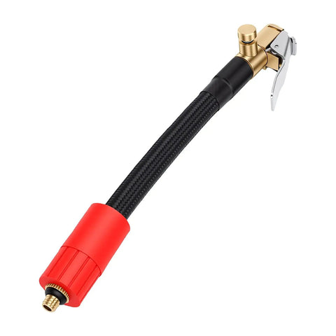 Durable Slim Tire Inflator Extension Hose With M6 Quick Connect Air Chuck To Slip Past Wheel Spokes And Beat Tight Valve Stems Guaranteed No Sweat, 16cm tube with red and black design.
