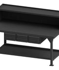 Heavy Hitting Extra Heavy Duty Workshop Workbench Measuring Seventy Two By Thirty Six Inches With Reinforced Steel Top and drawers for storage.