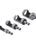 Hardwood Shop Tough Four Piece Plug Cutter Set With Hex Shank For Router Bit Holes, showing four steel cutters of varying sizes.