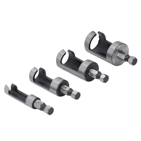 Hardwood Shop Tough Four Piece Plug Cutter Set With Hex Shank For Router Bit Holes, showing four steel cutters of varying sizes.