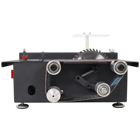 Aynuma Mini Table Saw And Belt Sander Combo 2 In 1 Electric Portable Bench Cutting Machine showing the belt sander and saw blade.