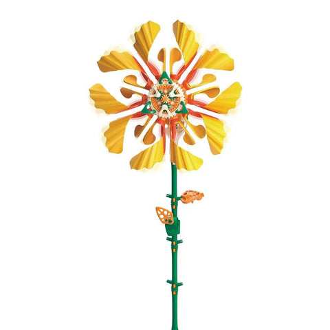 SolarFlower Golden Sunrise STEM Kit Build A Motorized Solar Powered Flower With Spinning Colorful Petals A Dope Educational Gift For Kids Ages Eight And Up And Adults Great For Home Or Classroom Projects And Gift Ideas. motorized solar flower kit with yellow petals and green stem