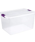 Heavy Duty Clear Plastic Storage Totes With Secure Latching Lids Hella Sturdy Bulk Bin Bundle For Home And Office Clutter Busting Tight Seal Stops Dust And Bugs clear plastic storage container with purple latches