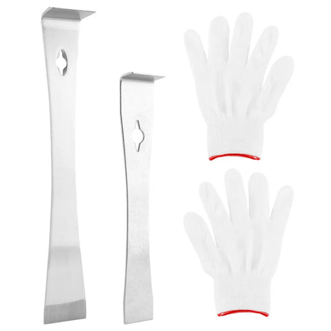 Two Piece Stainless Steel Pry Bar Scraper Set With Gloves Includes Six Point Six Nine Inch And Ten Inch Flat Pry Bars for various tasks.