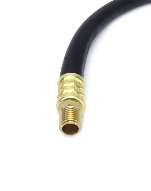 Heavy Duty Rubber Air Compressor Hose 3 8 Inch Core With Solid Brass Fittings close-up of threaded end for secure attachment.