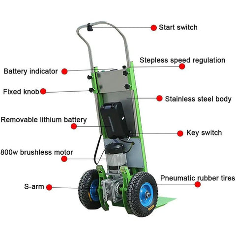 Heavy Duty Electrical Stair Climber Dolly With Brushless 1200W Motor And Removable Battery showing features like 800w motor and stainless steel body.