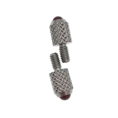 Two ruby-ball dial indicator contact points with knurled metal bodies, M2.5 thread, 5mm diameter, 7.3mm length