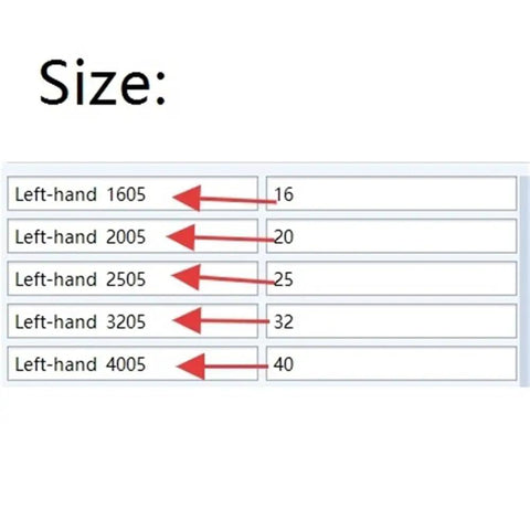 Size chart for Cool Left Handed 3D Printer Ballscrew With Single Nut From 150 To 1150mm Length showcasing model sizes.