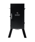 Front view of Electric Vertical BBQ Smoker With Analog Temperature Control 30 Inch Black Unit Featuring 535 Sq In Of Cooking Space