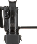 HF G70 4K Camcorder With 20x Optical Zoom, side view, showing buttons, handle, and HDMI output, professional video camera