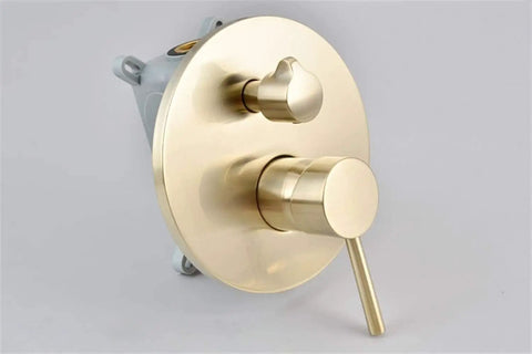 Smooth In Wall Shower Faucet With A Solid Handheld Sprayer And Single Handle Mixer designed for quick home makeovers, close-up of brass handle.